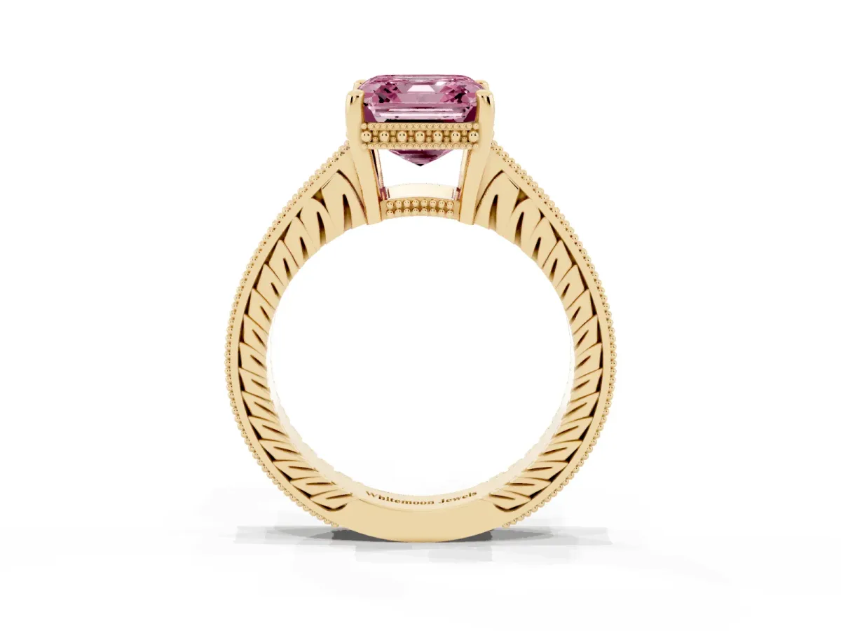 Fancy Pink Asscher Cut Solitaire Pavé Diamond Milgrain Engagement Ring with Four-Prong Setting Yellow gold