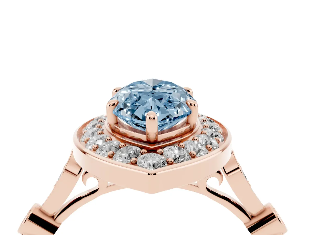 Fancy Blue Marquise Cut Halo Diamond Engagement Ring with Twisted Band and Four-Prong Setting Rose gold