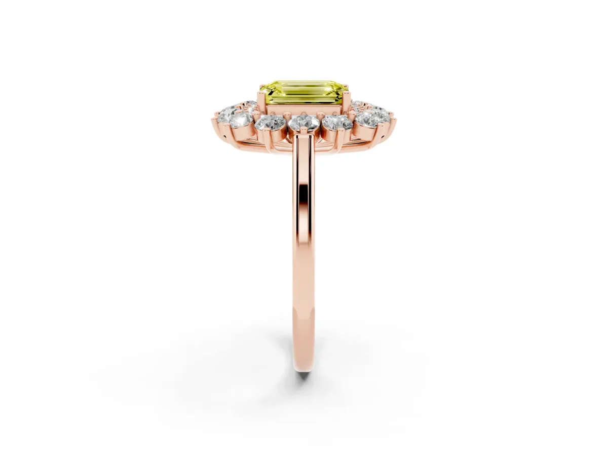 Fancy Yellow Emerald Cut Diamond Floral Double Halo Engagement Ring with Prong Setting Rose gold