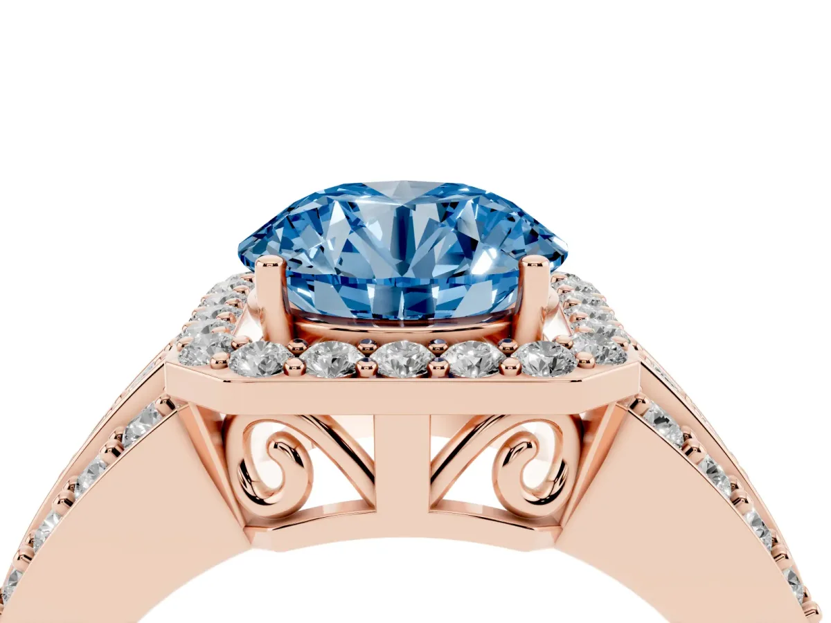 Fancy Blue Round Cut Halo Diamond Ring with Round Split Shank and Prong Setting Rose gold