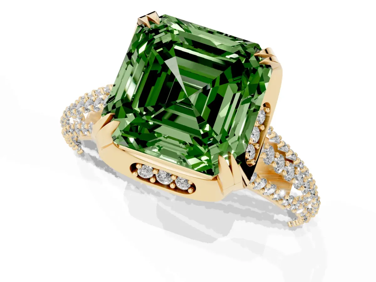 Fancy Green Asscher Cut Solitaire Pave Split Shank Ring with Four-Prong Setting Yellow gold