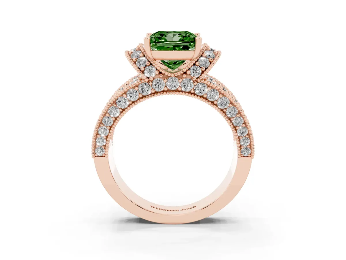 Fancy Green Princess Cut Halo Pave Diamond Engagement Ring with Milgrain Detailing Rose gold