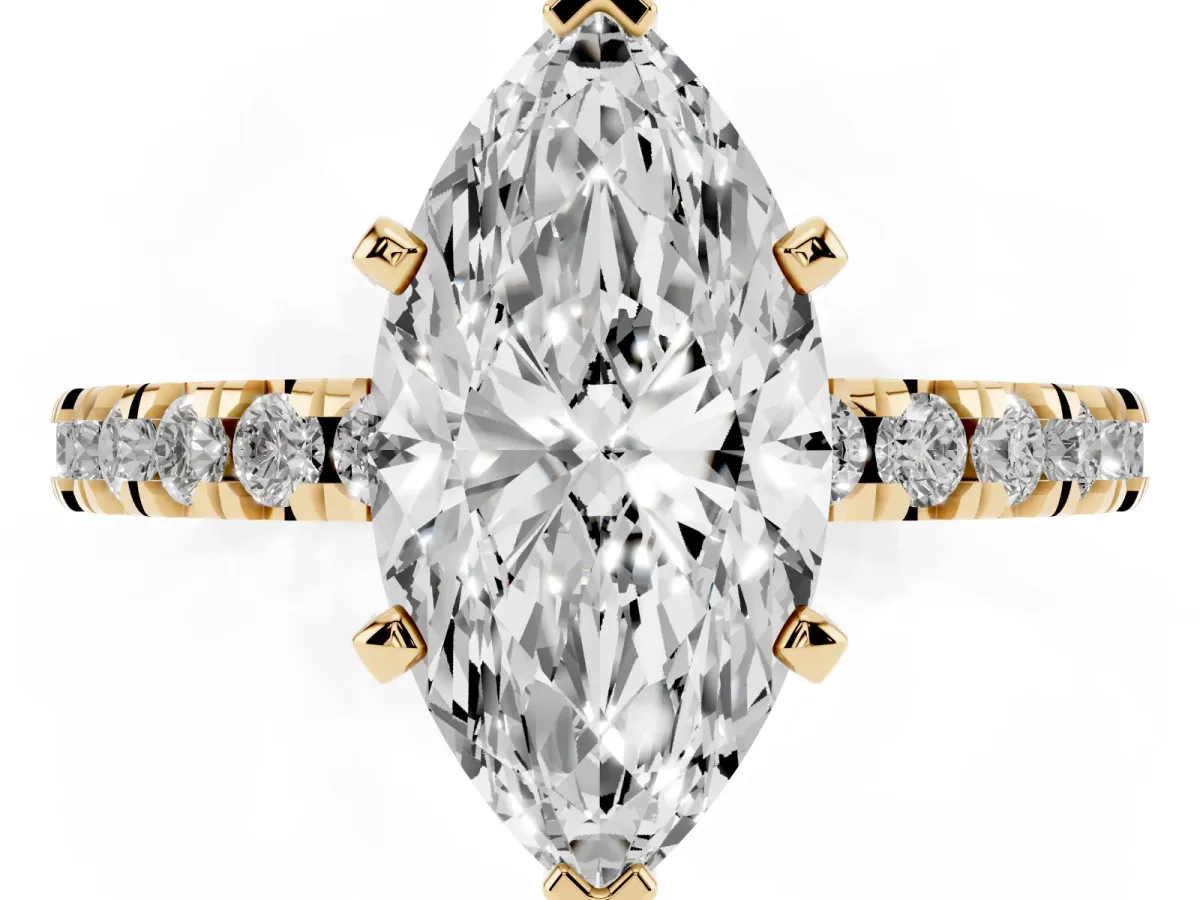 Marquise Cut Diamond Pavé Band Solitaire with Four-Prong Setting Yellow gold