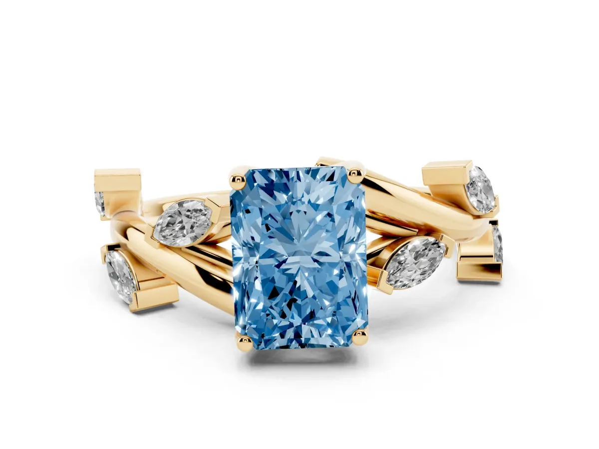 Fancy Blue Radiant Cut Solitaire Twisted Band Marquise Accent Prong Setting Ring Yellow gold