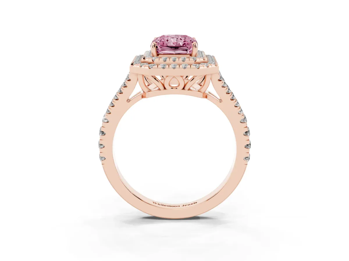 Fancy Pink Radiant Cut Diamond Double Halo Ring with Pavé Band and Prong Setting Rose gold