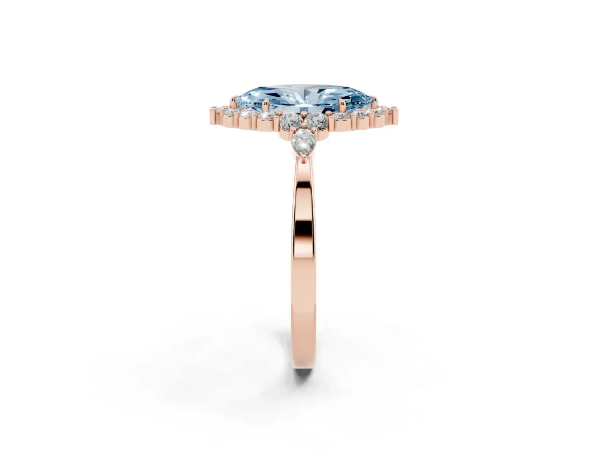 Fancy Blue Marquise Cut Diamond Halo Ring with Pear Side Stones and Prong Setting Rose gold