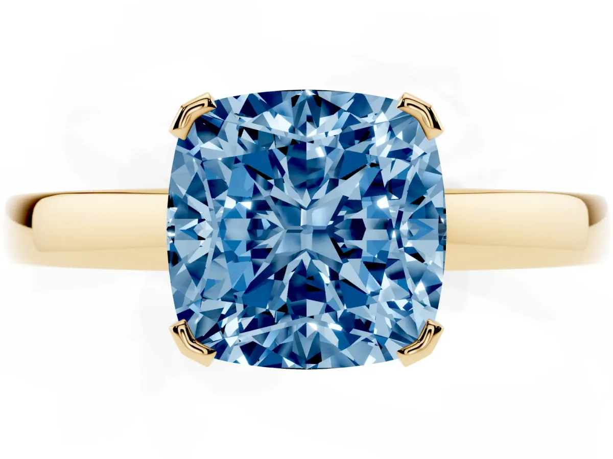 Fancy Blue Cushion Cut Cut Solitaire Ring with Four-Prong Setting and Classic Band Yellow gold