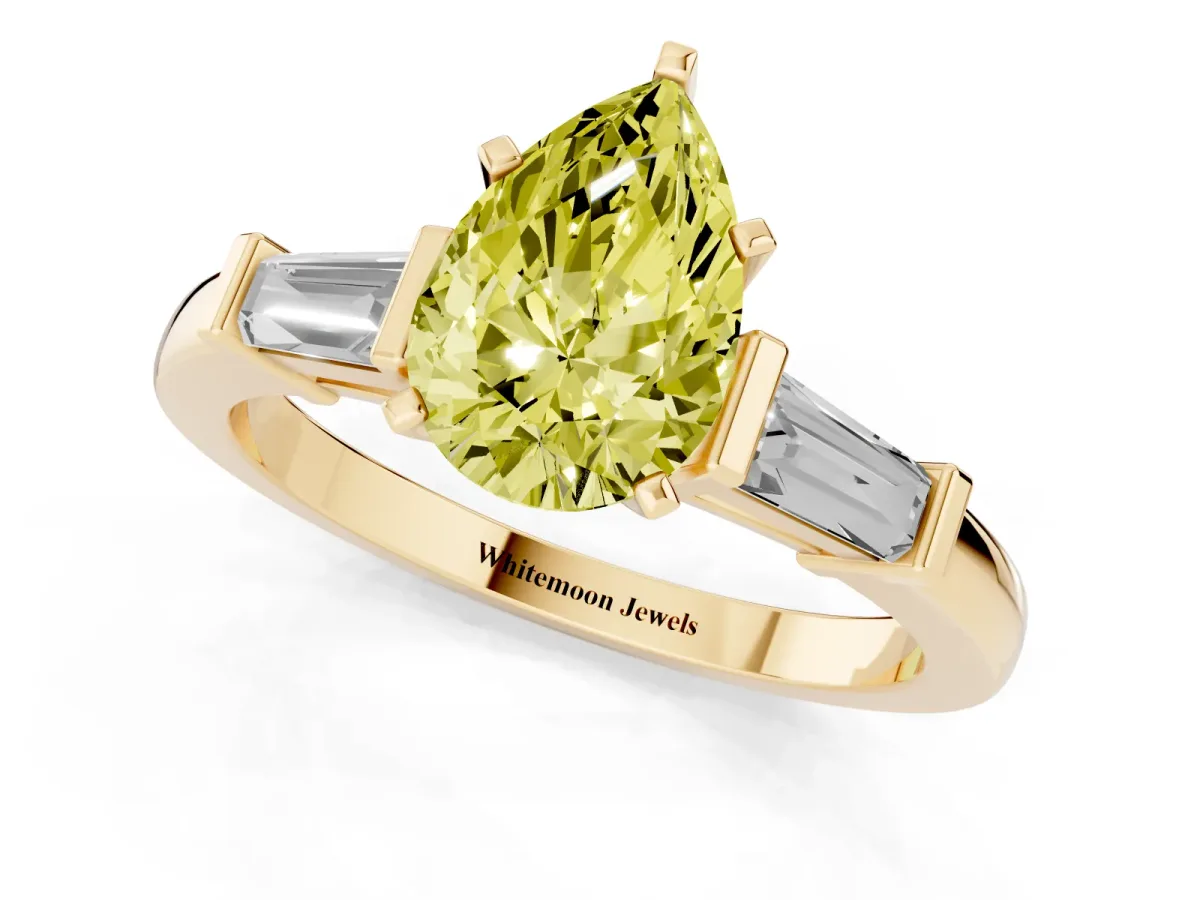 Fancy Yellow Pear Cut Cut Diamond Solitaire Ring with Tapered Baguette Accents and Four-Prong Setting Yellow gold