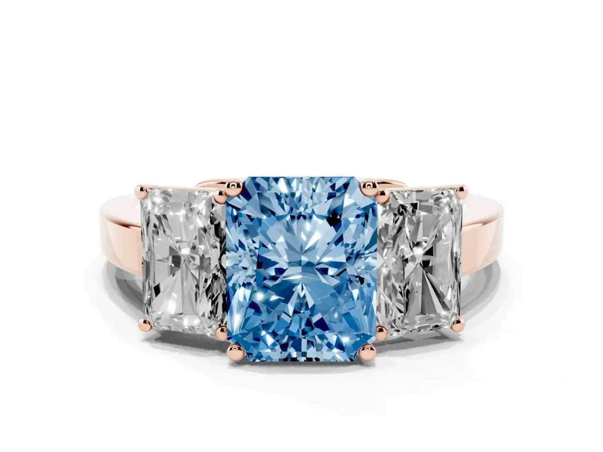 Fancy Blue Three-Stone Radiant Cut Cut Diamond Engagement Ring with Flat Band and Four-Prong Setting Rose gold