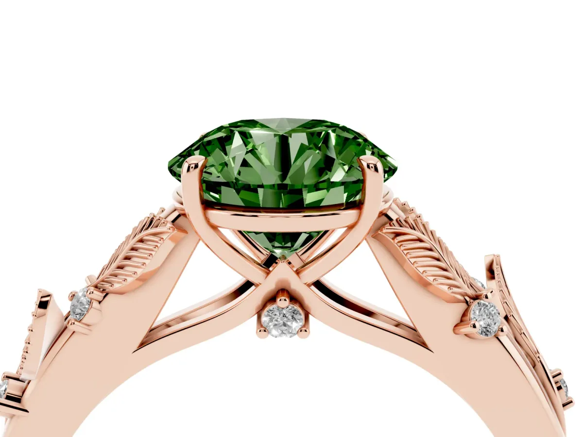 Fancy Green Round Cut Diamond Solitaire Ring with Leaf Motif Band and Four-Prong Setting Rose gold
