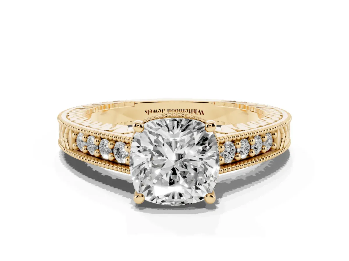 Cushion Cut Solitaire Pavé Diamond Milgrain Engagement Ring with Four-Prong Setting Yellow gold