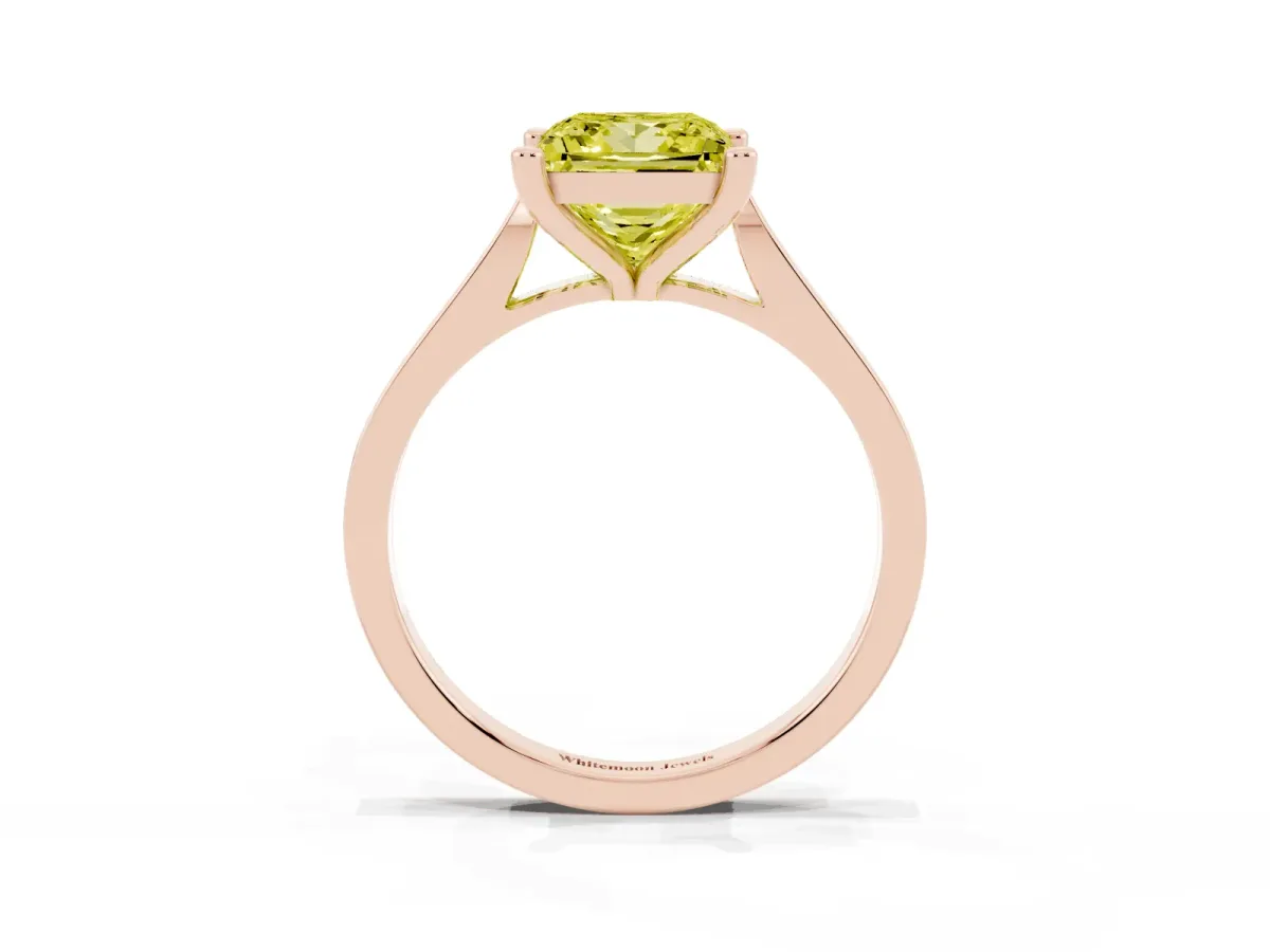 Fancy Yellow Princess Cut Solitaire Diamond Ring with Four-Prong Setting and Tapered Band Rose gold
