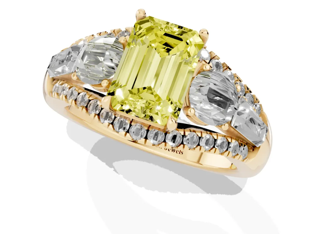 Fancy Yellow Three-Stone Emerald Cut Diamond Engagement Ring with Pave Band and Prong Setting Yellow gold
