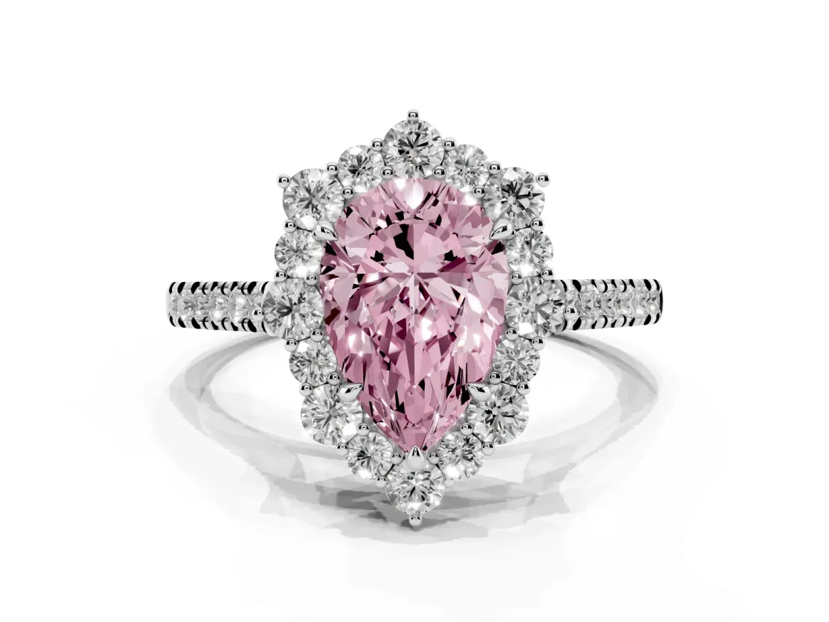 Fancy Pink Pear Cut Halo Diamond Ring with Pavé Band and Prong Setting Silver