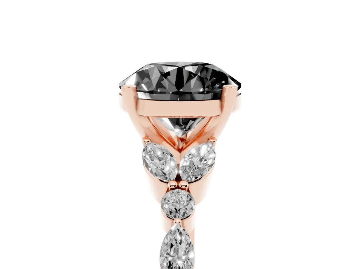 Fancy Black Round Cut Diamond Solitaire Ring with Side Stones and Four-Prong Setting Rose gold