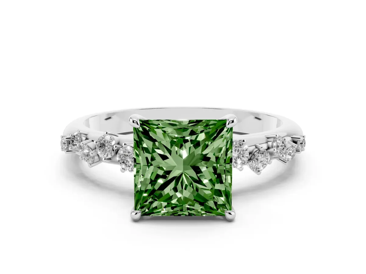 Fancy Green Princess Cut Diamond Cluster Prong-Set Solitaire Ring Silver