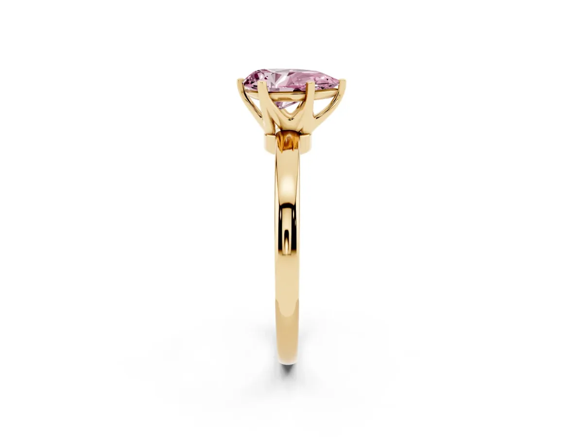Fancy Pink Pear Cut Solitaire Diamond Ring with Six-Prong Setting on a Classic Band Yellow gold