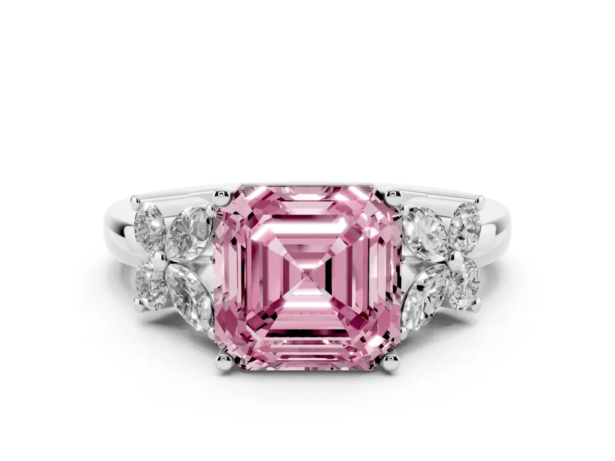 Fancy Pink Asscher Cut Diamond Floral Cluster Ring with Solitaire Band and Prong Setting Silver