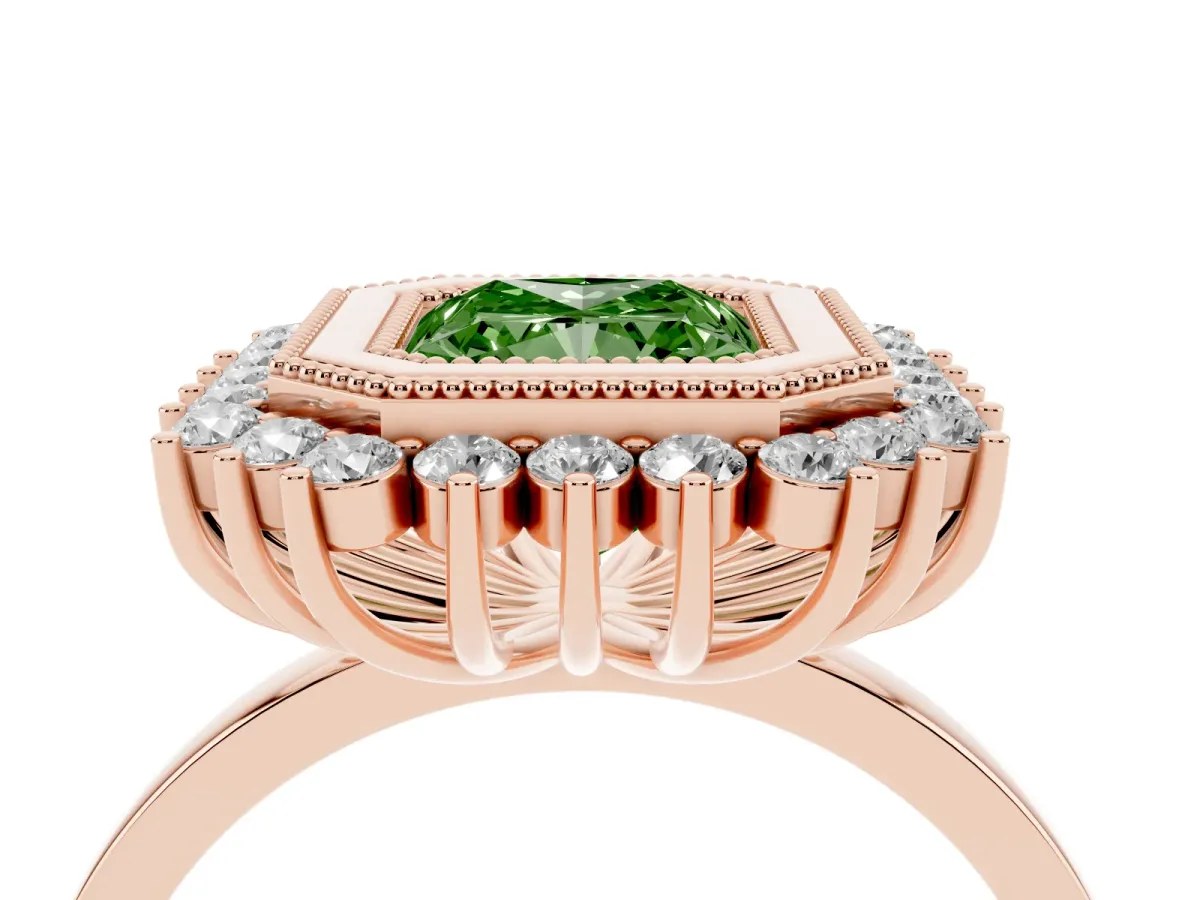 Fancy Green Radiant Cut Halo Diamond Ring with Milgrain Edge and Round Prong Setting Rose gold