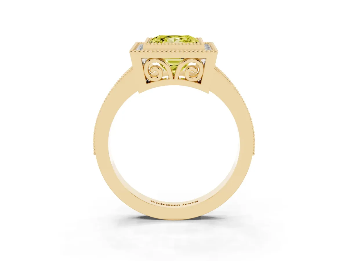 Fancy Yellow Princess Cut Cut Halo Diamond Ring with Pavé Band and Milgrain Prong Setting Yellow gold