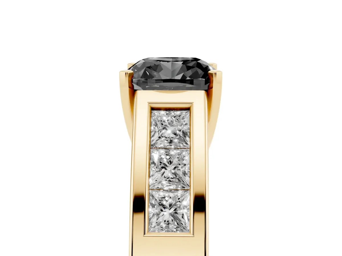 Fancy Black Cushion Cut Cut Channel Set Solitaire Ring with Four-Prong Setting Yellow gold