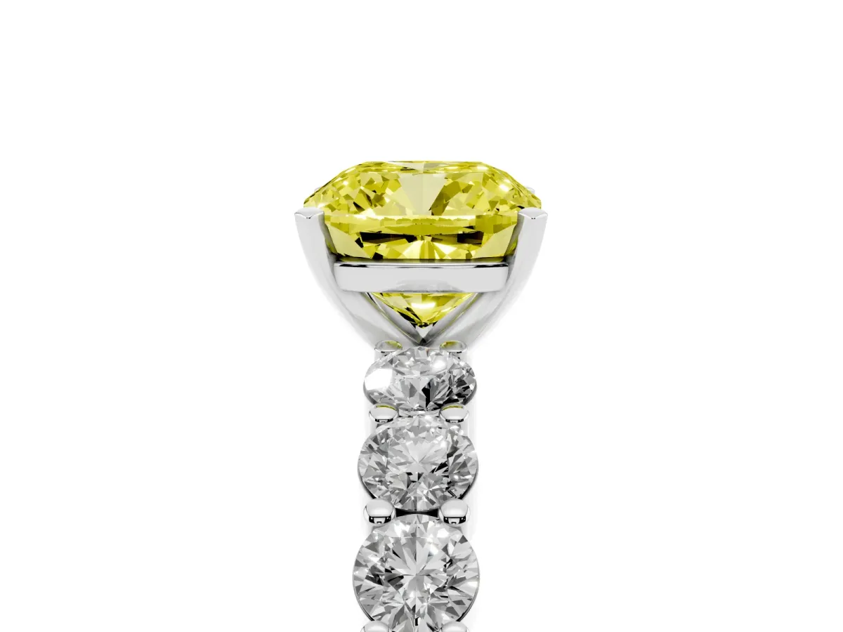 Fancy Yellow Cushion Cut Diamond Solitaire Ring with Shared Prong Round Side Stones Silver
