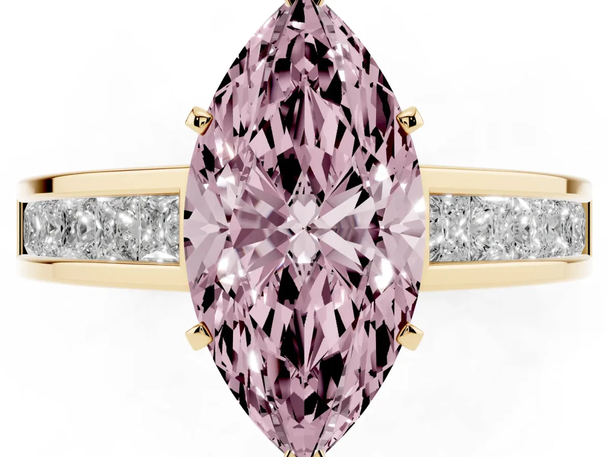 Fancy Pink Marquise Cut Solitaire Diamond Ring with Channel-Set Band and Four-Prong Setting Yellow gold