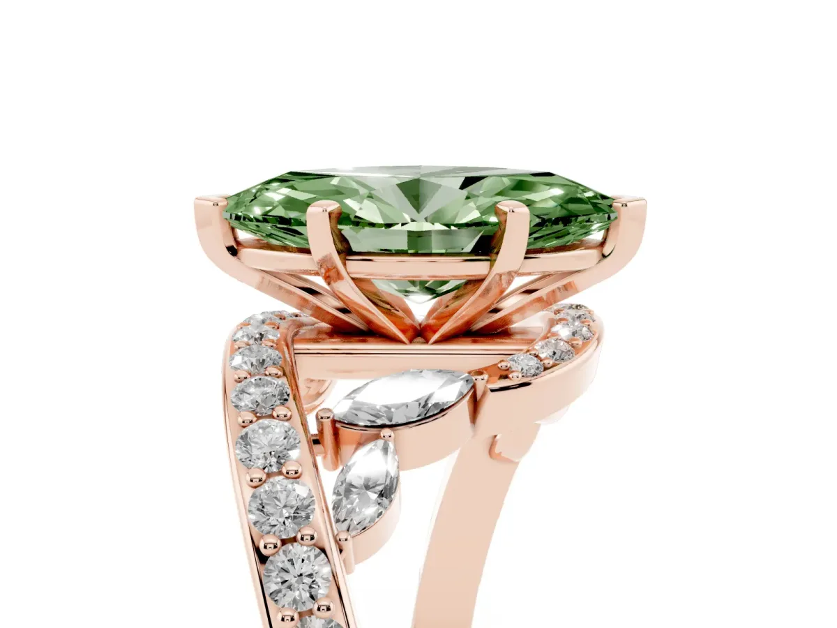 Fancy Green Marquise Cut Solitaire with Pavé Twist Band and Four-Prong Setting Rose gold