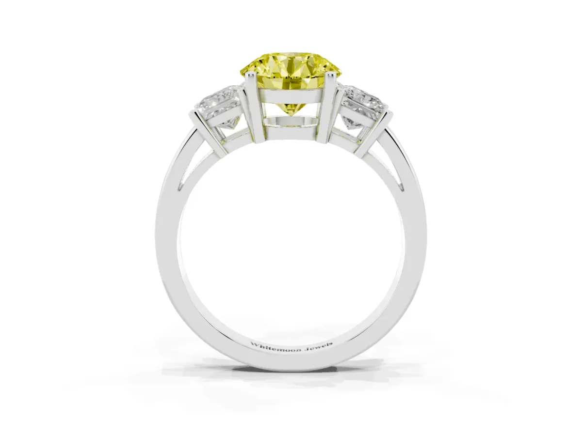 Fancy Yellow Three-Stone Round Cut Cut Solitaire Ring with Prong Setting Platinum