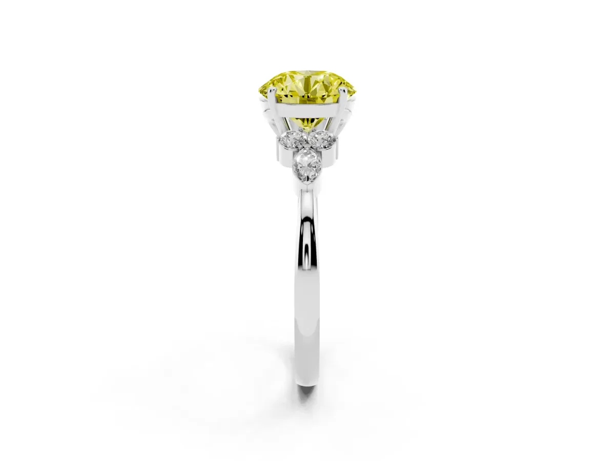 Fancy Yellow Round Cut Brilliant Diamond Solitaire Ring with Pear Side Stones and Four-Prong Setting White gold