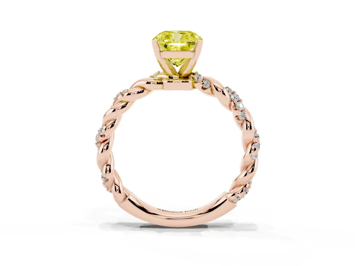 Fancy Yellow Cushion Cut Diamond Solitaire Ring with Twisted Band and Pavé Accents Rose gold