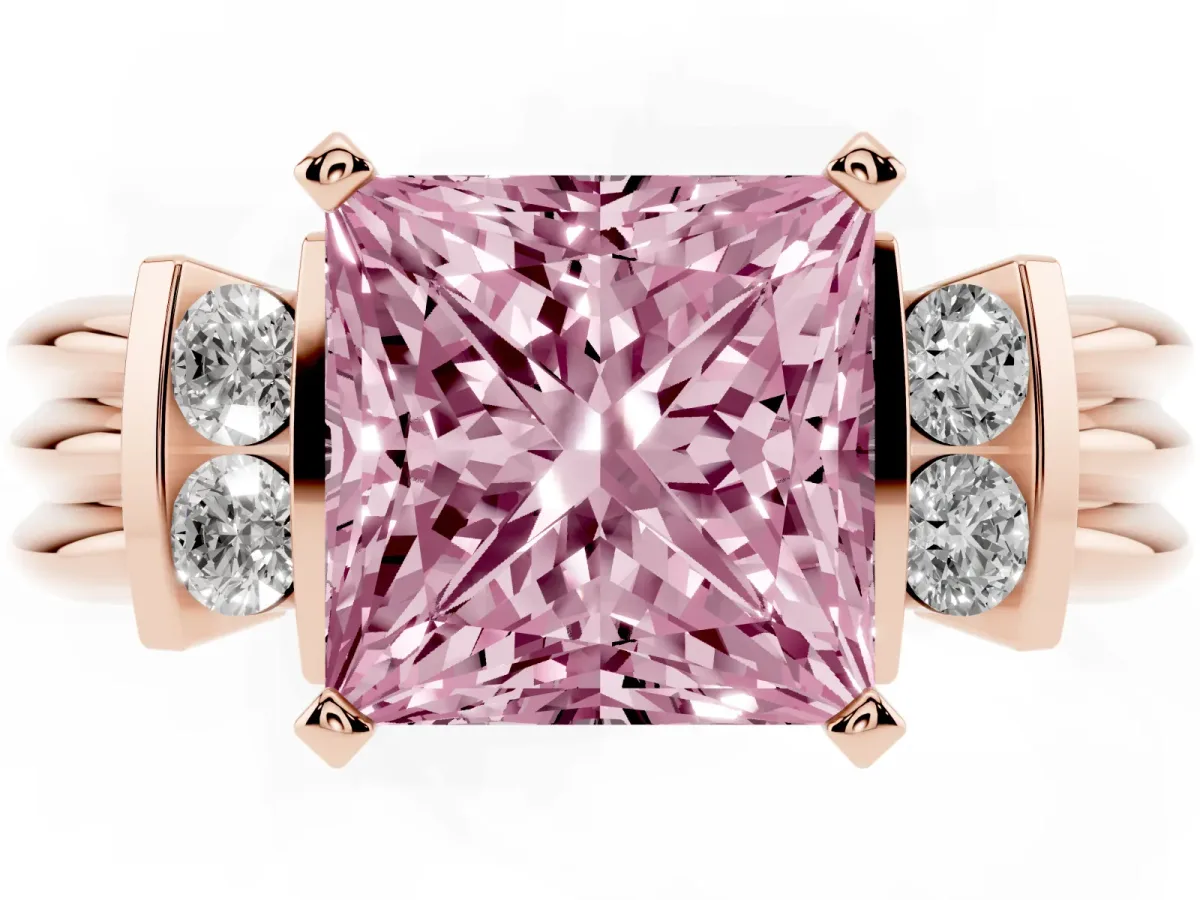 Fancy Pink Princess Cut Cut Three-Stone Channel Set Ring with Bar Prongs Rose gold