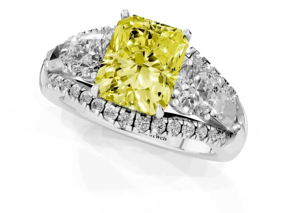 Fancy Yellow Three-Stone Radiant Cut Diamond Engagement Ring with Pave Band and Prong Setting Silver