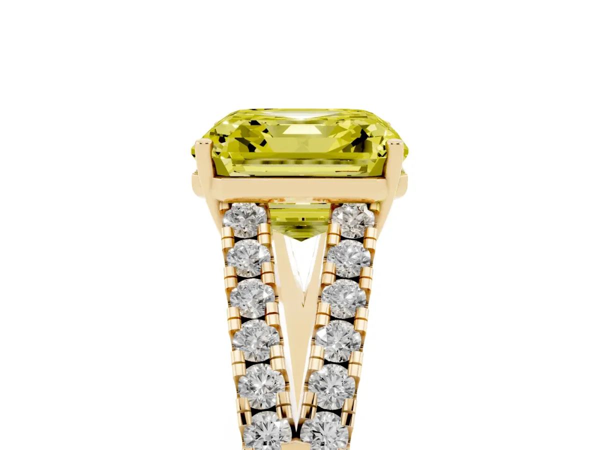 Fancy Yellow Asscher Cut Diamond Split Shank Engagement Ring with Round Pavé and Prong Setting Yellow gold