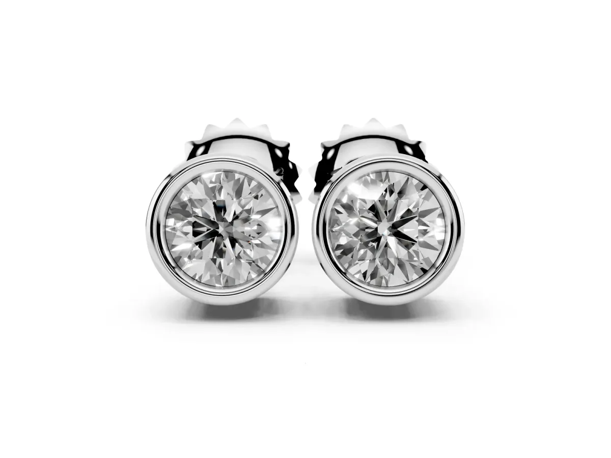 Bezel Set Round Diamond Stud Earrings with Push Back Silver