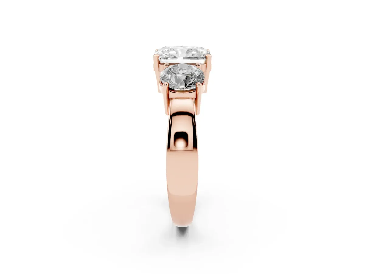 Three-Stone Radiant Cut Diamond Ring with Round Side Stones, Classic Band, and Four-Prong Setting Rose gold
