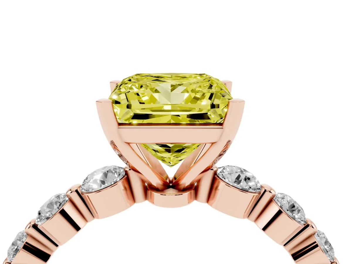 Fancy Yellow Princess Cut Solitaire Diamond Ring with Pave Band and Four-Prong Setting Rose gold