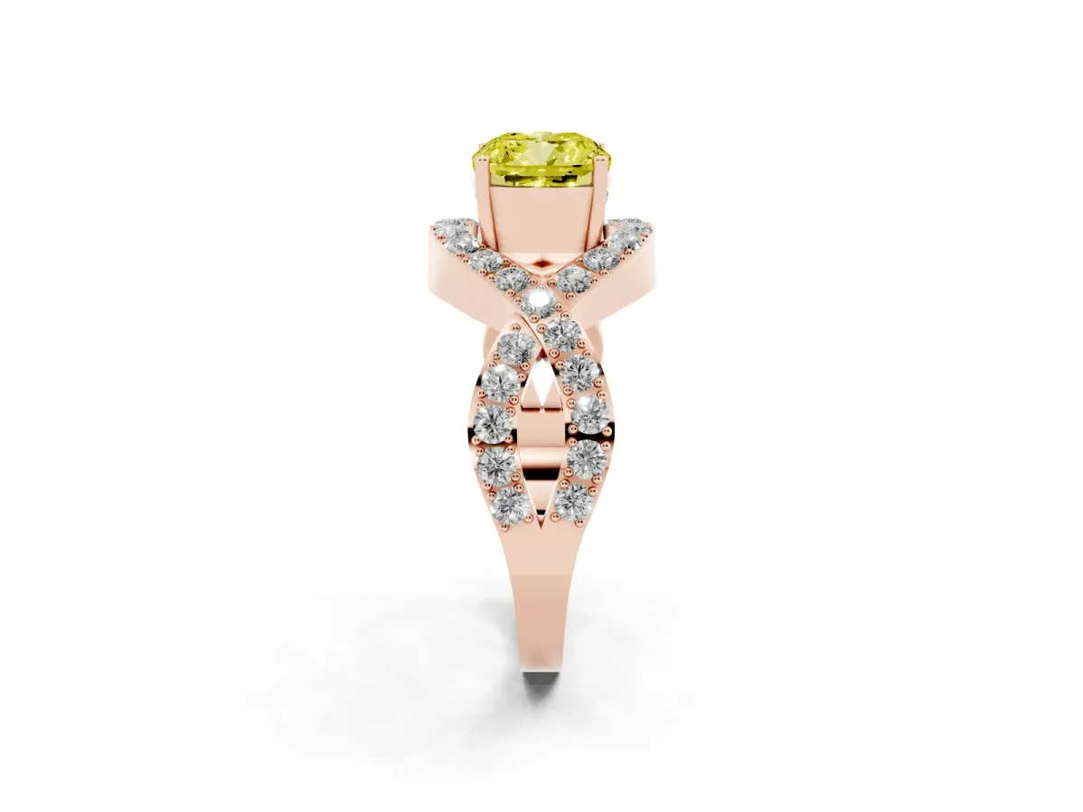 Fancy Yellow Cushion Cut Solitaire Twist Band Pavé Diamond Engagement Ring Rose gold