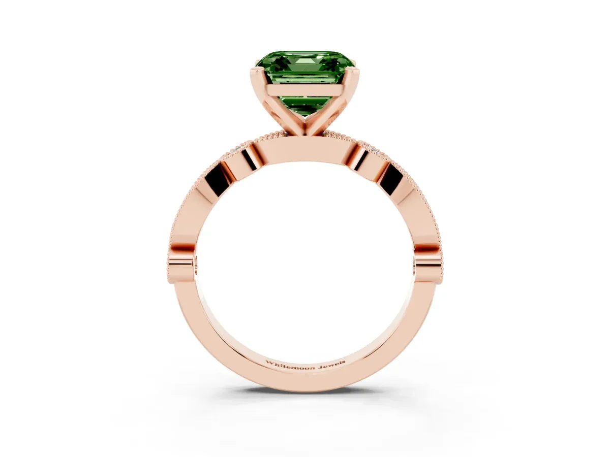 Fancy Green Asscher Cut Milgrain Bezel Diamond Engagement Ring with Solitaire Prong Setting Rose gold