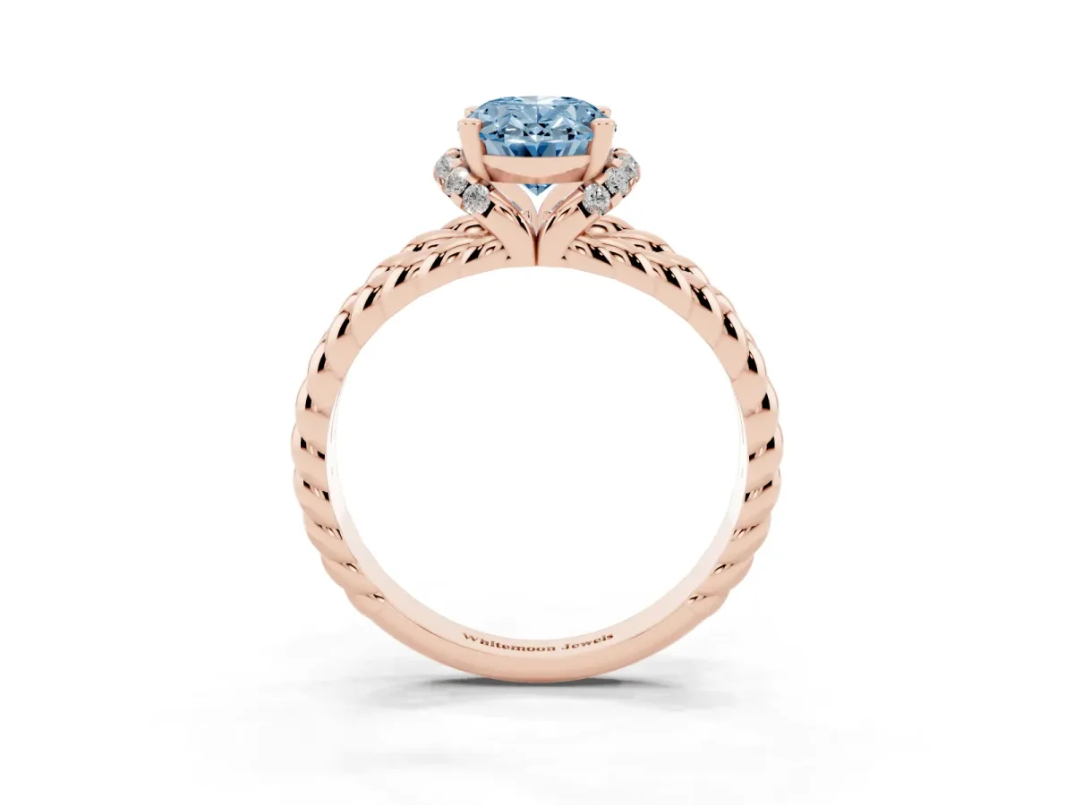 Fancy Blue Oval Cut Halo Twisted Band Four-Prong Ring Rose gold