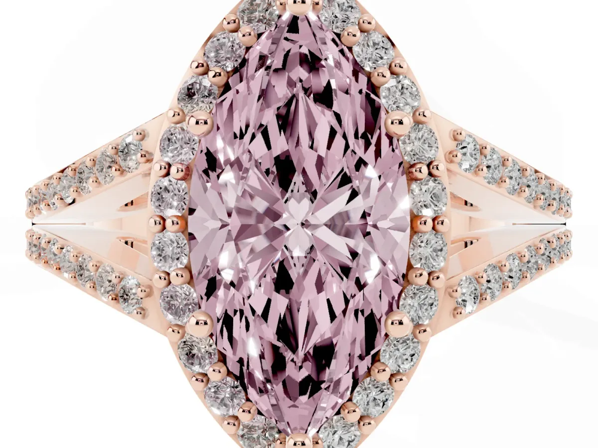 Fancy Pink Marquise Cut Halo Split Shank Pave Diamond Ring with Four-Prong Setting Rose gold