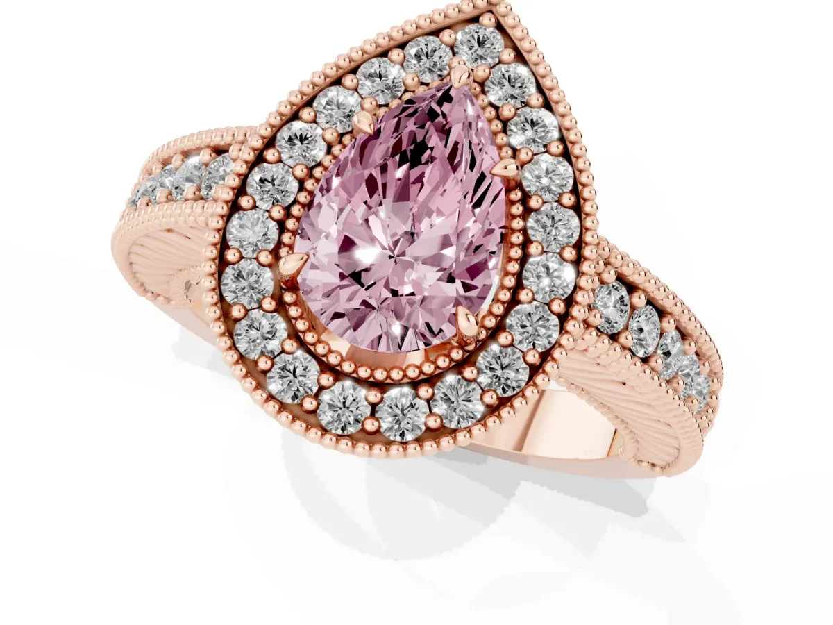 Fancy Pink Pear Cut Cut Halo Diamond Ring with Pavé Band and Four-Prong Setting Rose gold