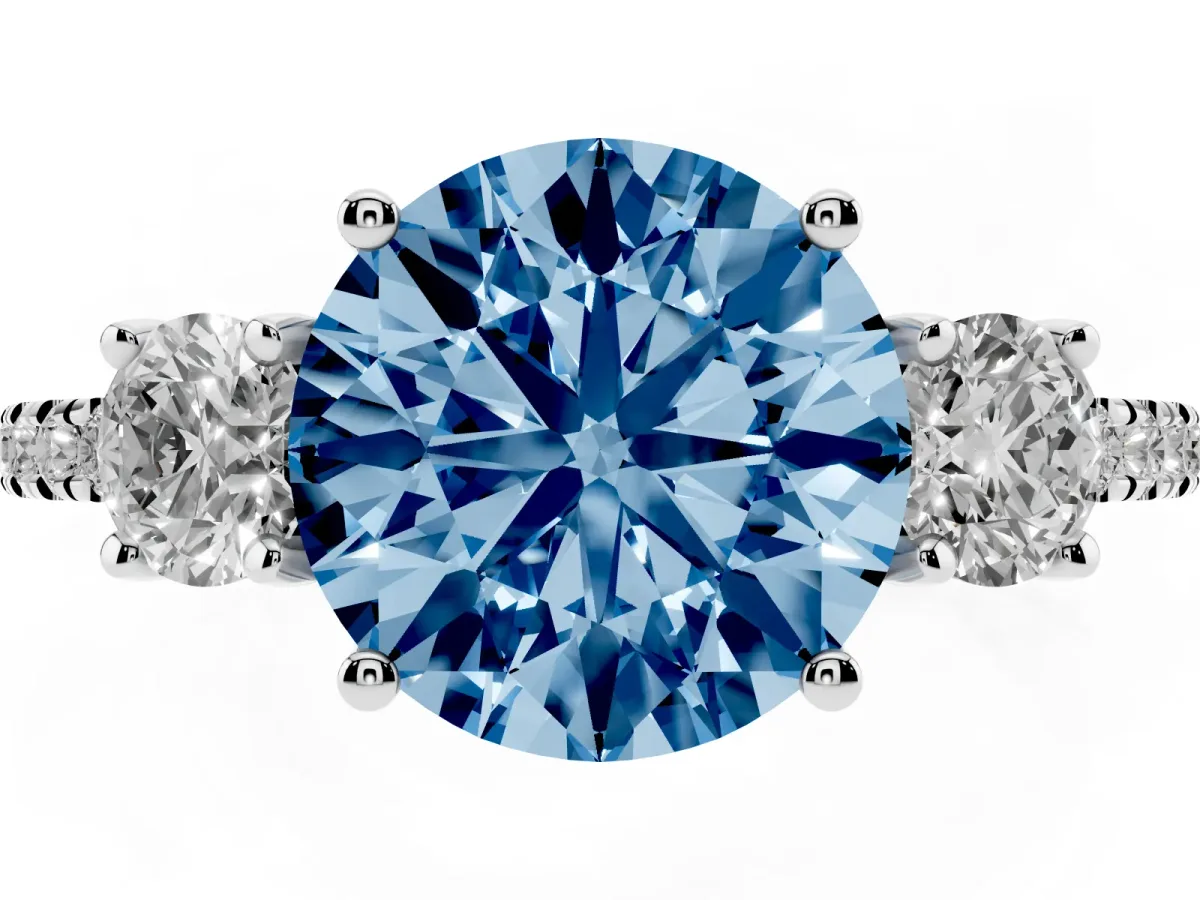 Fancy Blue Three-Stone Round Cut Cut Diamond Pavé Band with Prong Setting Silver