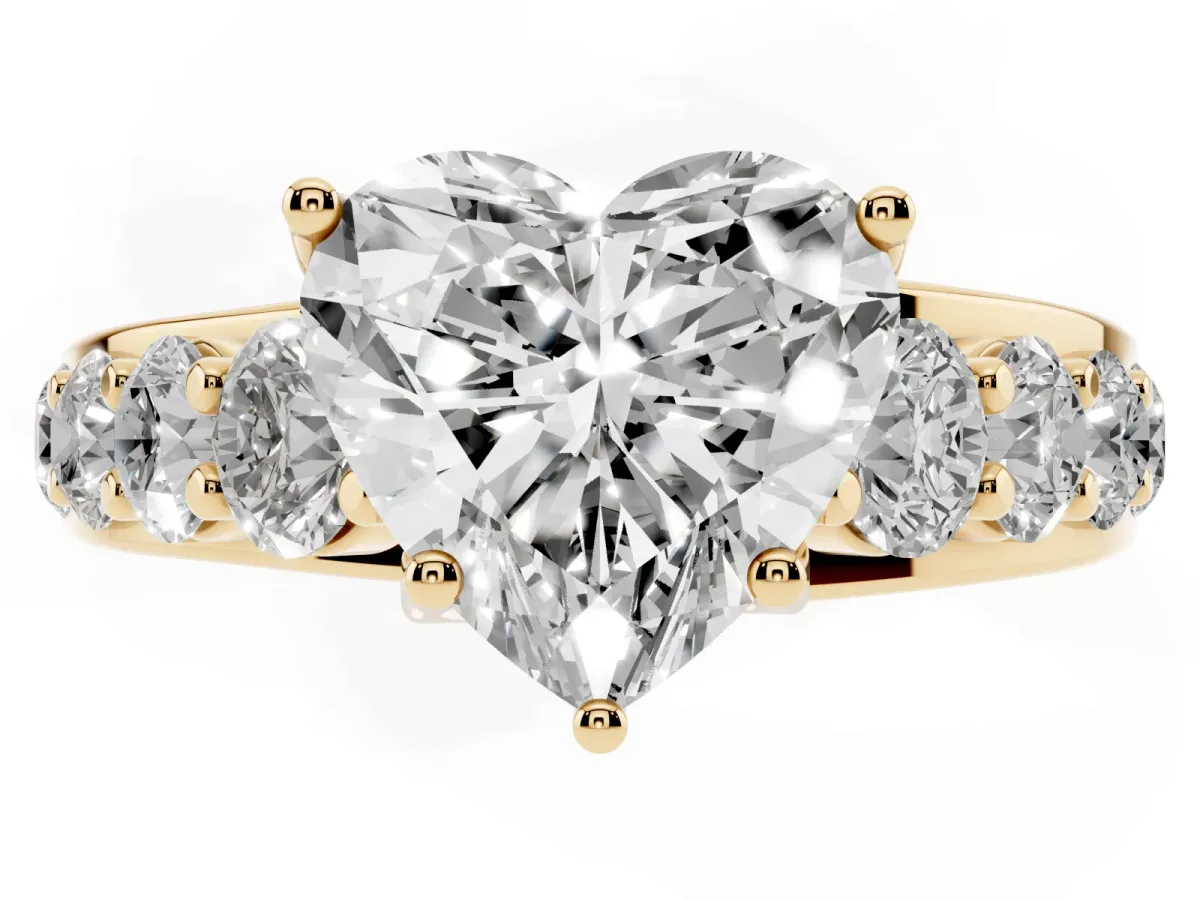 Heart Cut Diamond Engagement Ring with Pavé Band and Four-Prong Setting Yellow gold