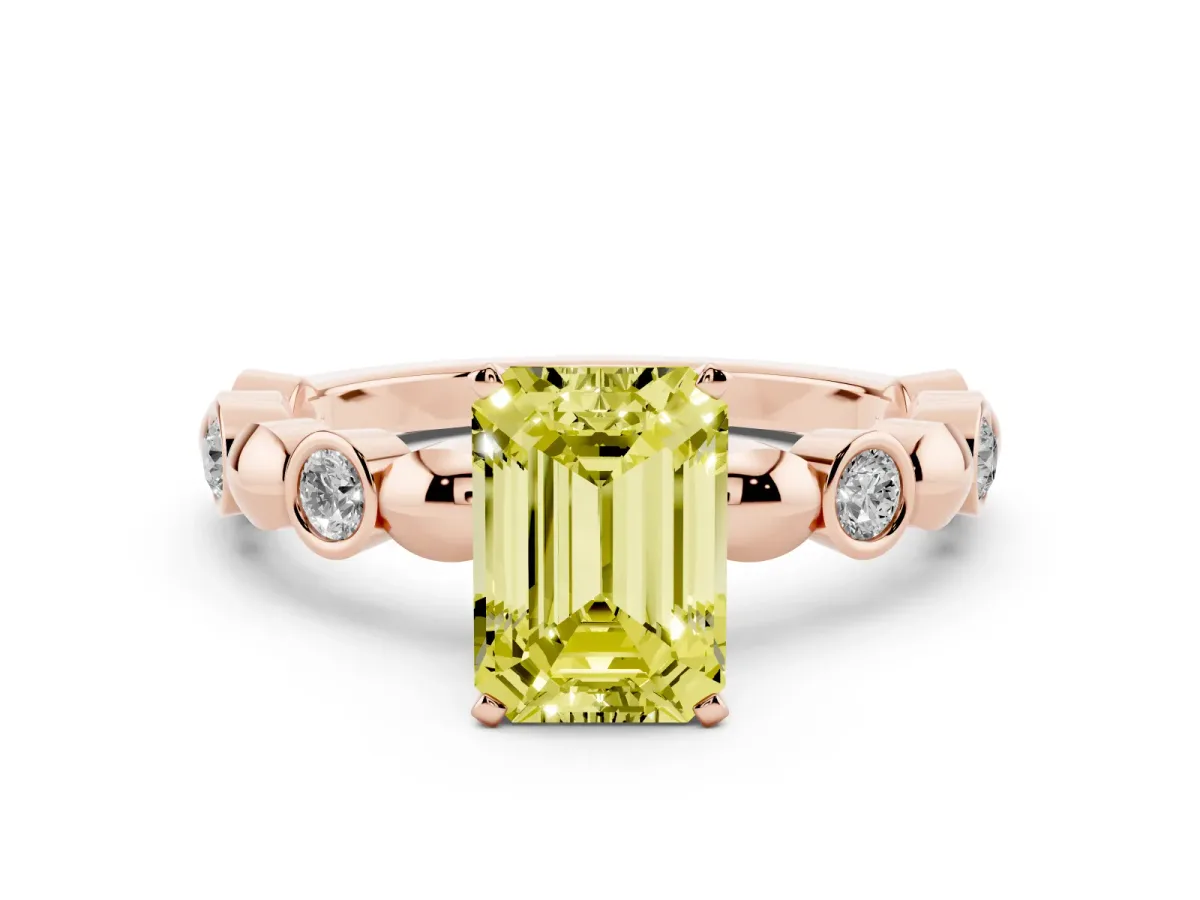 Fancy Yellow Emerald Cut Solitaire Bezel-Set Diamond Ring with Beaded Band and Four-Prong Setting Rose gold