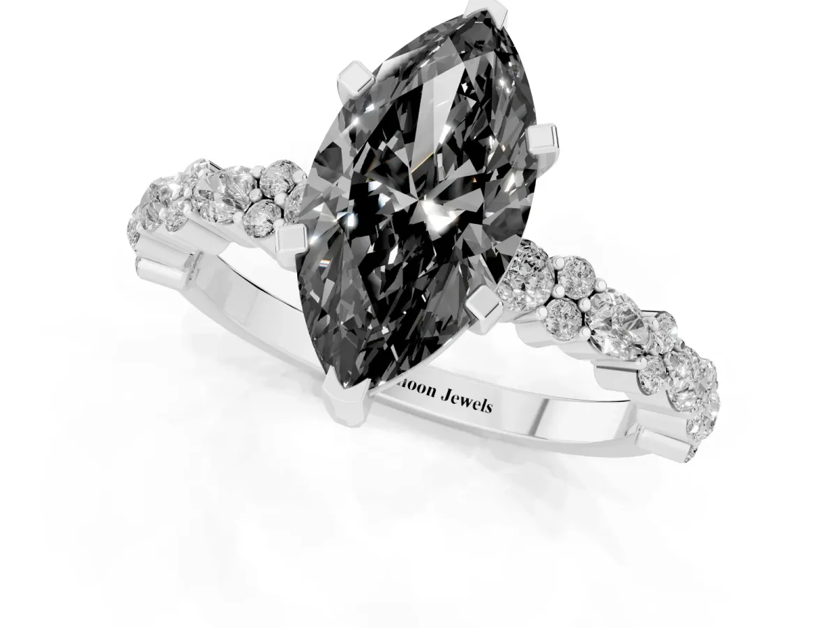 Fancy Black Marquise Cut Diamond Side Stone Solitaire Ring with Round and Four-Prong Setting Silver