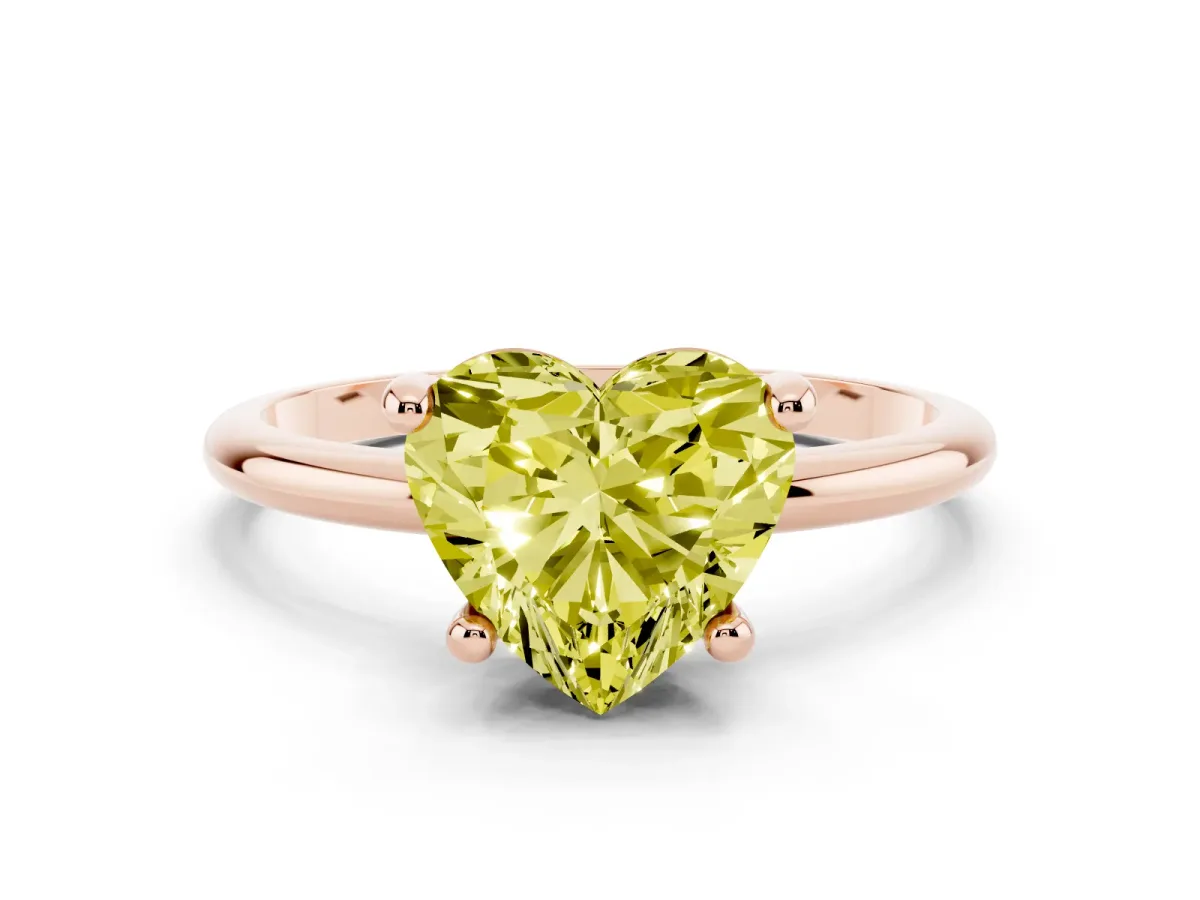 Fancy Yellow Heart Cut Solitaire Diamond Ring with 4-Prong Setting on a Classic Band Rose gold