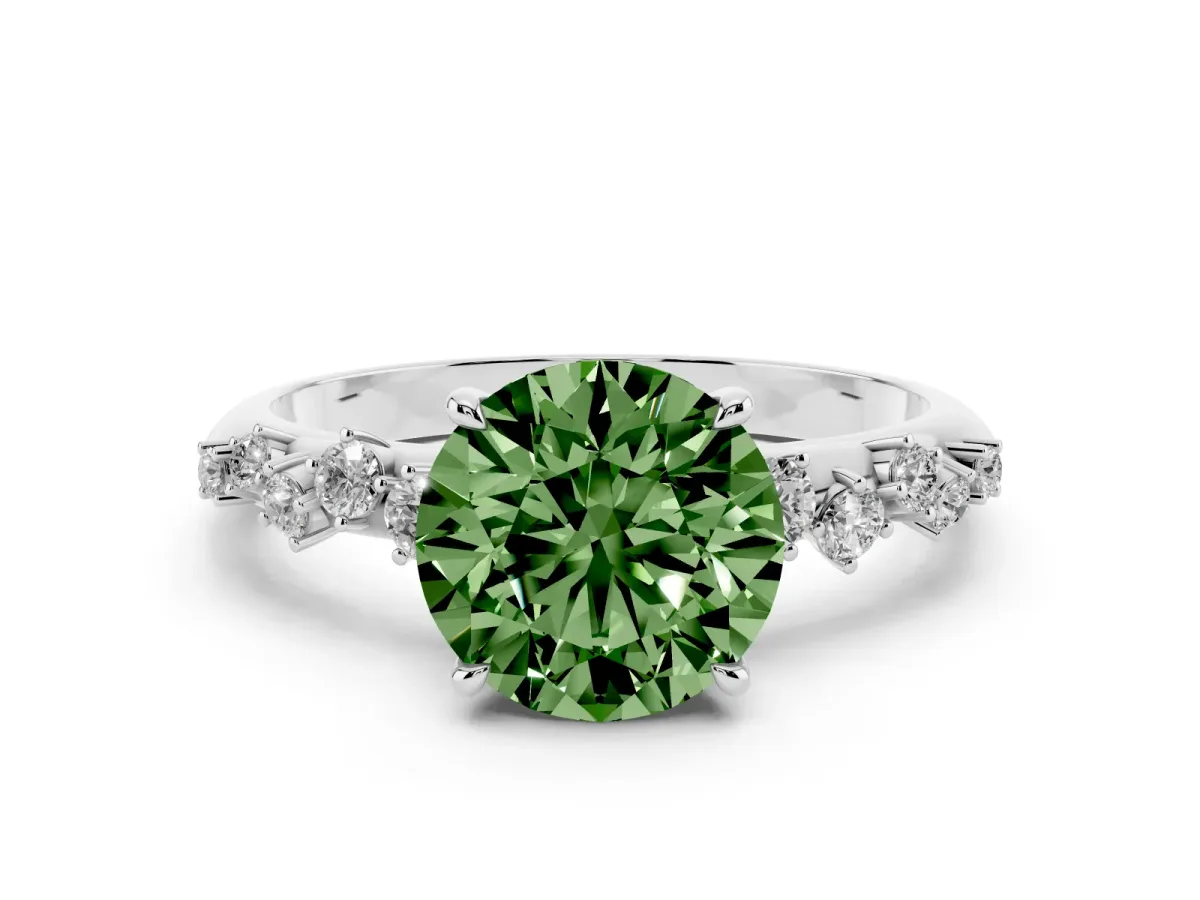 Fancy Green Round Cut Diamond Cluster Side Stone Solitaire Ring with Prong Setting Platinum
