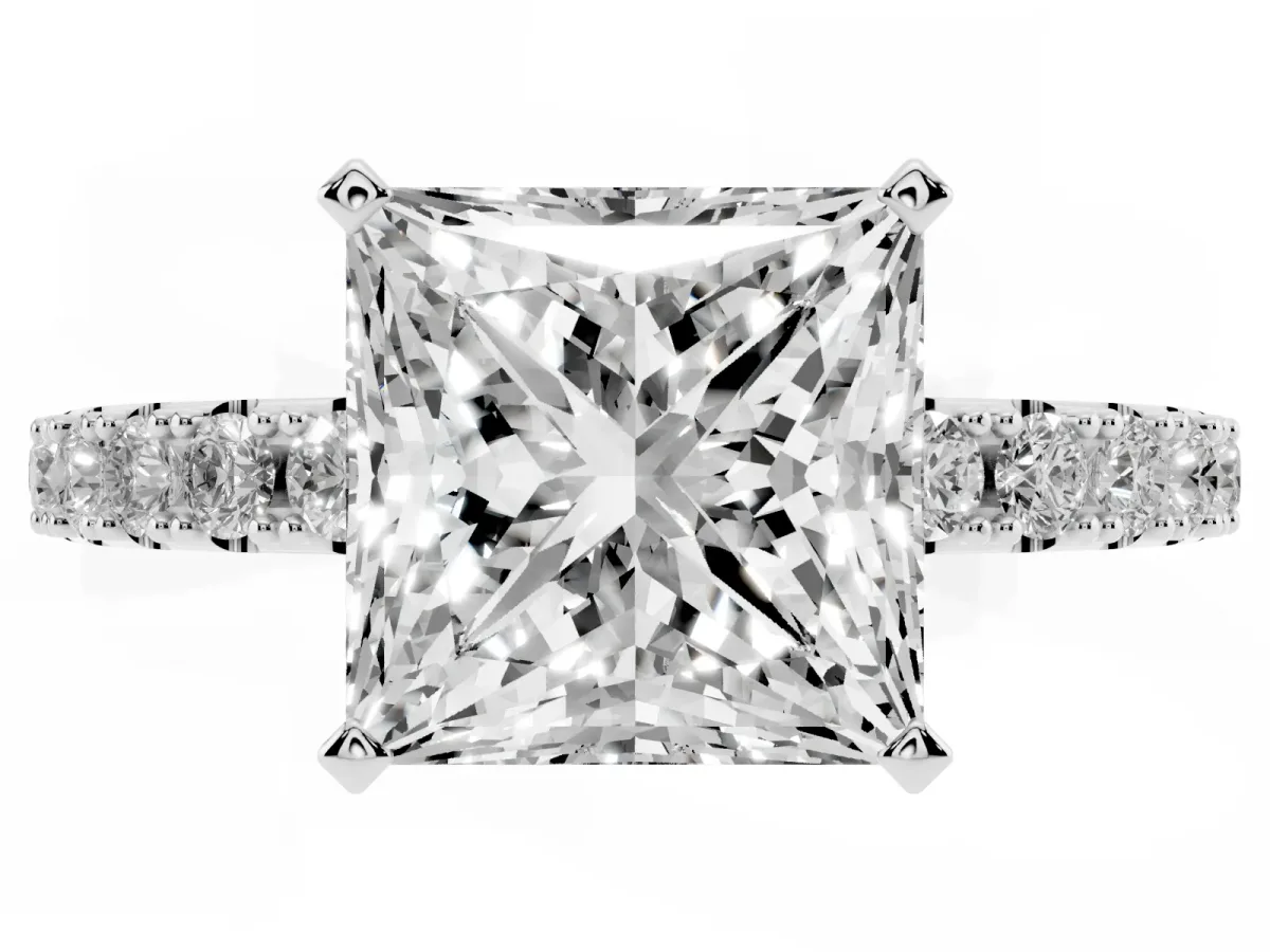 Princess Cut Diamond Solitaire Pavé Band with Four-Prong Setting Silver