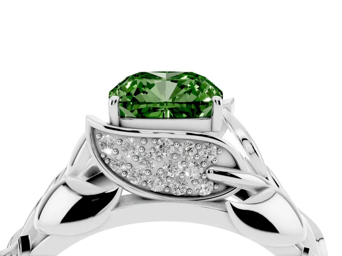Fancy Green Cushion Cut Diamond Leaf-Inspired Engagement Ring with Round Accents and Prong Setting Platinum